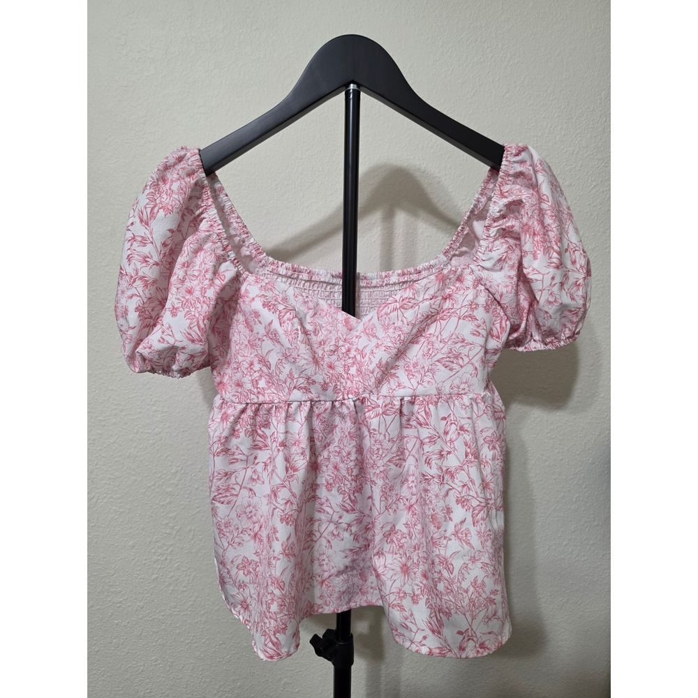 SHEIN Pink White Floral Puff Sleeve Smocked Back Peplum Top Small J1T17427342